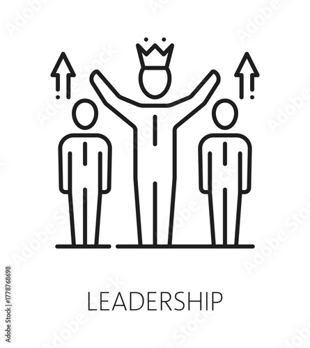 Leadership life skills line icon or pictogram. People quality linear vector sign, human leadership ability pictogram. Personal potential icon or life skills symbol with team leader wearing crown