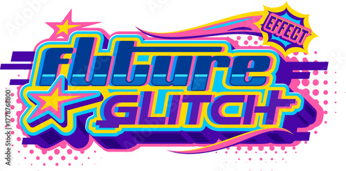 Colorful 2000s vibe Y2K future glitch icon, patch element. Nostalgic funky patch, colorful vintage vector icon. Funky Y2K sticker or label with screen glitch blurred retro typography and stars