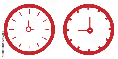 Vector illustration of twelve analog wall clocks in black outline, each showing a different hourly time from one to twelve. Analog clock icon set. 12 hourly time variations, black outline