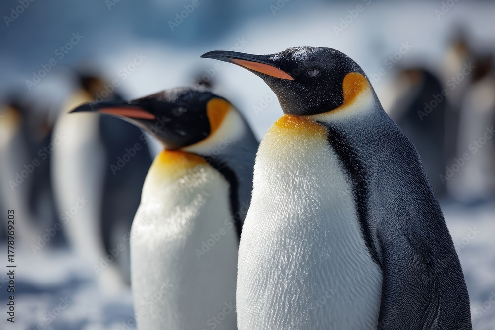 Fototapeta premium Groups of emperor penguins calmly standing in the snowy landscape of Antarctica during a bright day, showcasing their distinctive orange and black markings