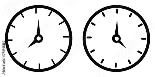Wall clock icons set with hour and minute hands for time, schedule, and deadline management