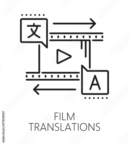 English language film translation line icon or sign. Language vocabulary thin line vector pictogram, English language translation symbol. Foreign speech translate sign with movie film and play button
