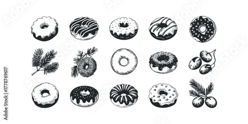 Collection of hand-drawn doughnuts and botanical elements
