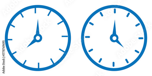 Wall clock icons set with hour and minute hands for time, schedule, and deadline management