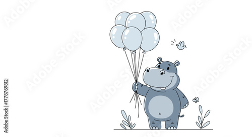 A cute cartoon hippo with a cheerful smile holds a large bunch of light-blue balloons, standing on the ground with a small bird and butterfly.