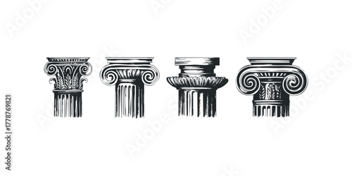 Four Ancient Ionic Column Capitals Line Drawing