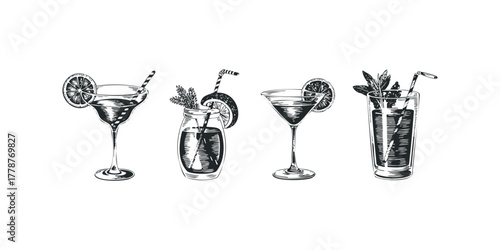 Set of Four Black and White Cocktail Drawings