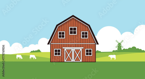 A cheerful flat design illustration showcasing a classic red barn in a peaceful farm landscape with grazing cows, green fields, and a windmill.
