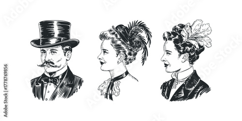 Vintage male and female portraits with antique attire