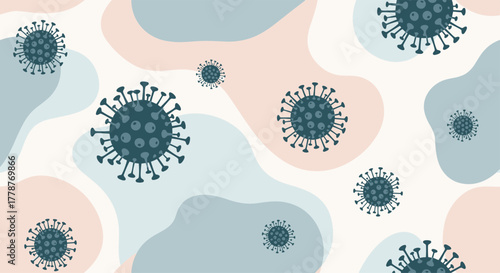 Abstract illustration of virus or bacteria cells against a background of soft, organic shapes, symbolizing infection, disease, or the COVID-19 pandemic.