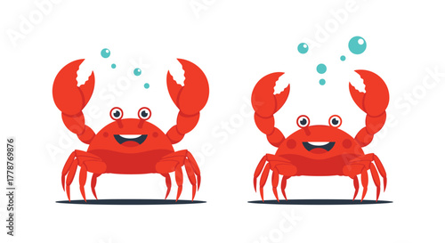 Two cheerful red cartoon crabs with big smiles and raised claws, surrounded by blue bubbles against a white background.