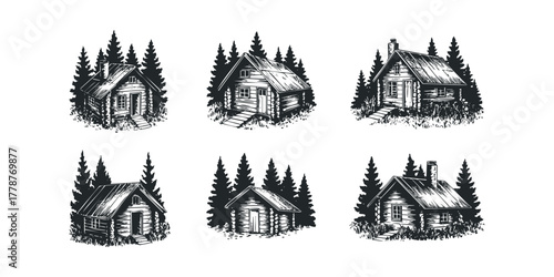 Six rustic log cabins set amongst pine trees
