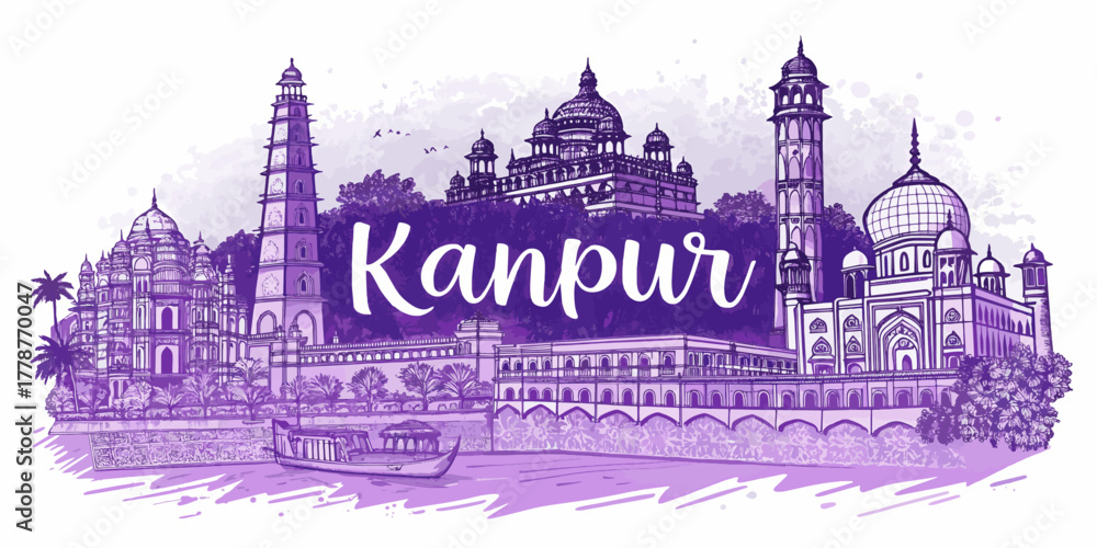 Obraz premium Kanpur Skyline Sketch with Cultural Heritage Touch Featuring JK Temple, Allen Forest Zoo, Phool Bagh, and Ganga Barrage – Perfect for Tourism, Posters, and Wall Art