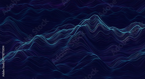 Abstract flowing lines undulate across a dark background, creating a 3D topographic effect