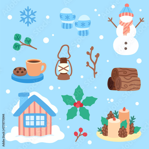 Winter elements set with snowflakes, gloves, snowman, eucalyptus leaves, cookies and hot choco, lantern, dry branch, wood, cozy house, holly berry, winterberry, candle with pine seed and leaves
