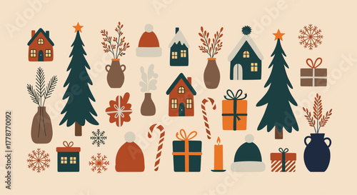 A charming collection of minimalist Christmas and winter holiday elements, including fir trees, cozy houses, gifts, and festive decor in earthy tones.