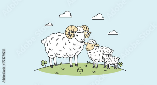 A charming cartoon image depicting a ram, a ewe, and their lamb standing together on a lush green hill adorned with shamrocks.