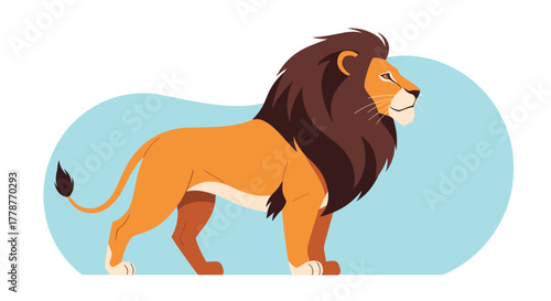 A majestic male lion stands proudly in a side view, showcasing its impressive dark brown mane against a soft blue background.
