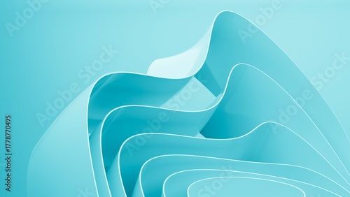 Abstract wavy curved 3d render. Turquoise soft layers of plastic with lines, folds, ruffles. Modern wallpaper, texture pattern.