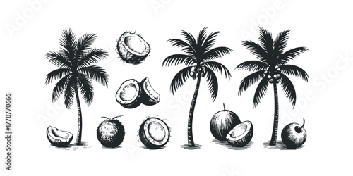 Palm trees and coconuts in a hand-drawn style