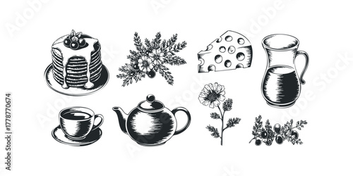 Hand Drawn Collection of Breakfast Food and Floral Elements