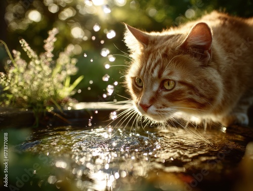 Ginger Cat Drinking Water with Playful Droplets in a Sunny Garden Scene