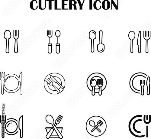 Minimalist cutlery icon vector — fork, knife, and spoon symbol for restaurant, food, or kitchen design
