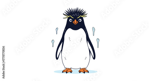 A cartoon Rockhopper penguin with spiky feathers and yellow crests appears angry or stressed, with sweat drops indicating discomfort.