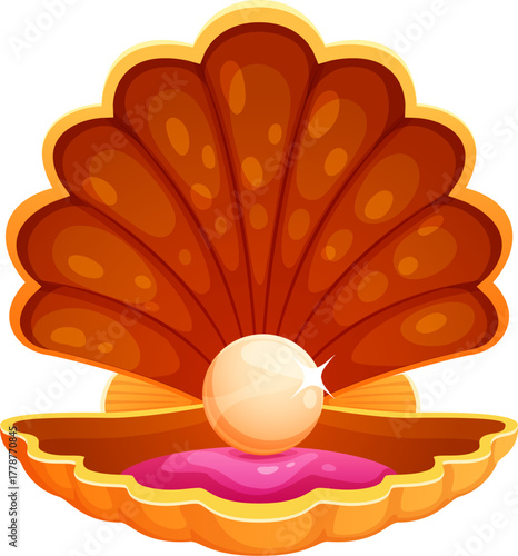 Cartoon sea bottom golden shiny pearl mollusc shell. Sea bottom precious isolated vector scallop mollusk, ocean nature jewelry oyster clam. Underwater life valuable seashell or marine rare pearl shell