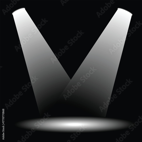 intersecting spotlight beams forming a glowing v-shape in dark space with central blue x mark, ideal for stage lighting, theatrical focus, abstract design, or dramatic illumination concepts