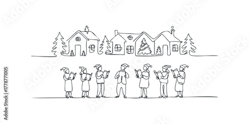 Group of carolers singing Christmas songs with festive village houses