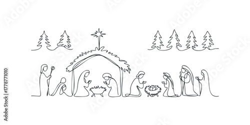 Christmas Nativity Scene Single Line Drawing