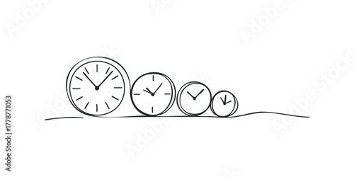 Four different sized clocks arranged in sequence