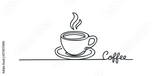 Line Drawing of Steaming Coffee Cup with Word Coffee