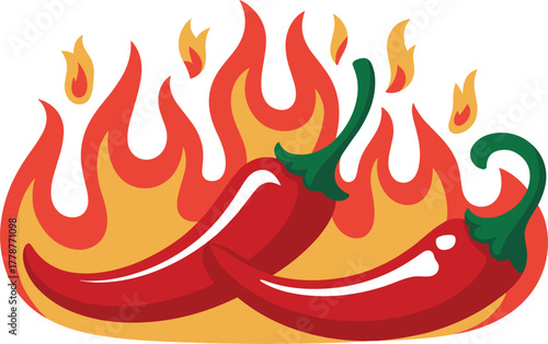 Hot Chili Peppers on Fire Vector Illustration - Spicy Food, Heat, and Extreme Taste Concept - Mexican Cuisine