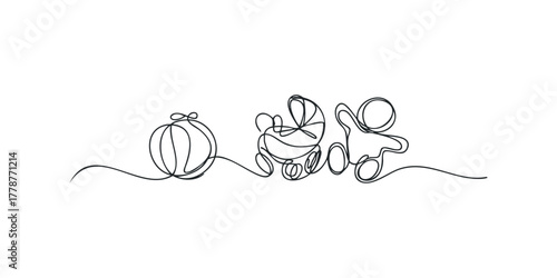 Line drawing of baby carriage, toy, and swaddled infant