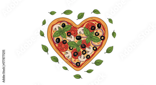 Delicious heart-shaped pizza with fresh tomatoes, mushrooms, olives, onions, and basil, surrounded by green leaves, symbolizing a love for healthy food.