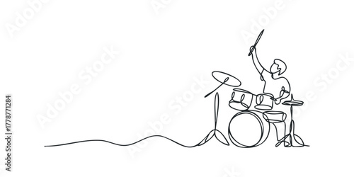 Musician playing drum kit with rhythmic lines