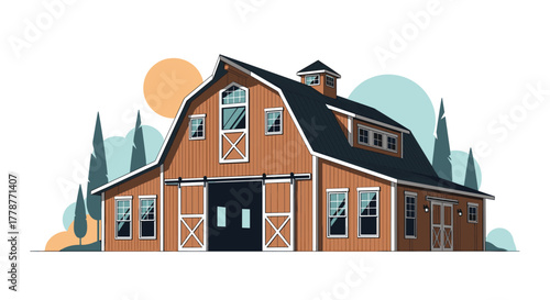 A modern vector illustration depicting a traditional wooden barn with gambrel roof, cupola, and numerous windows, set in a rural landscape.