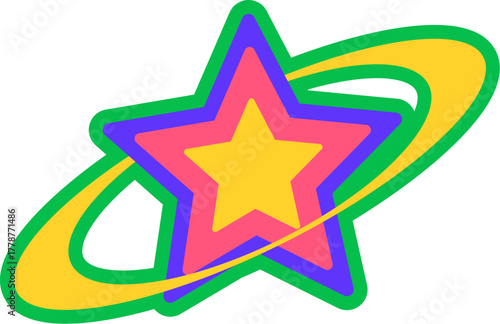Colorful star Y2K groovy sticker or hippie symbol. Funky Y2K isolated vector patch, retro hippie symbol sticker. Vintage cartoon tag or label with colorful five pointed star and yellow ring