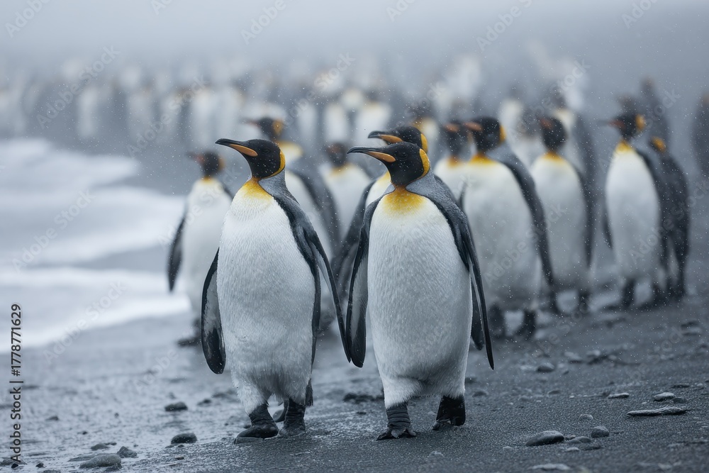 Obraz premium Numerous king penguins walk along the beach at St Andrew, showcasing their distinctive black and white plumage against a foggy backdrop