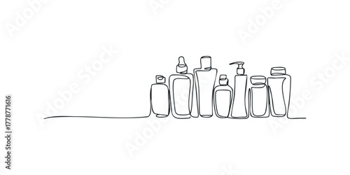 Continuous line drawing of various cosmetic bottles arrangement