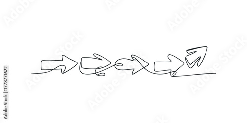 Continuous line drawing of five directional arrows in sequence
