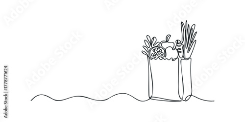 Abstract line art depiction of grocery bag filled with produce