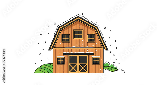 A rustic wooden barn with a gambrel roof stands amidst gently falling snow on a peaceful winter's day, surrounded by green hills.