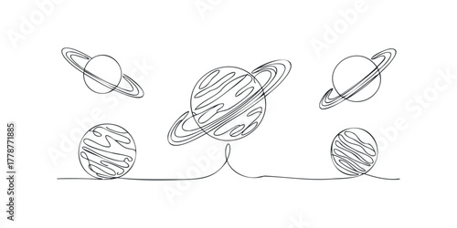Planetary bodies with rings and curved lines