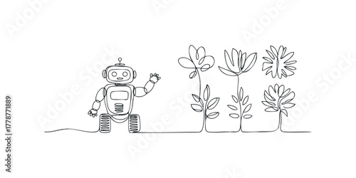 Continuous line drawing of a friendly robot waving next to simple flowers