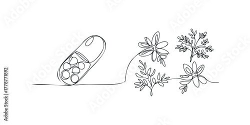 Line art capsule with pills and botanical elements