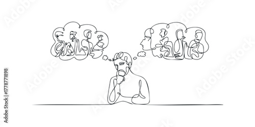 Man deep in thought with abstract social connections in thought bubbles