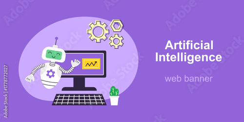 AI Robot assistant points at computer. Artificial Intelligence horizontal web banner on purple background. Data Analytics, Business and Education Concept. vector illustration.